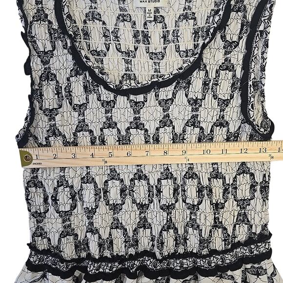 Max Studio Womens Smocked Maxi Dress M Geometric Butterfly Black Ivory Boho - Picture 8 of 12